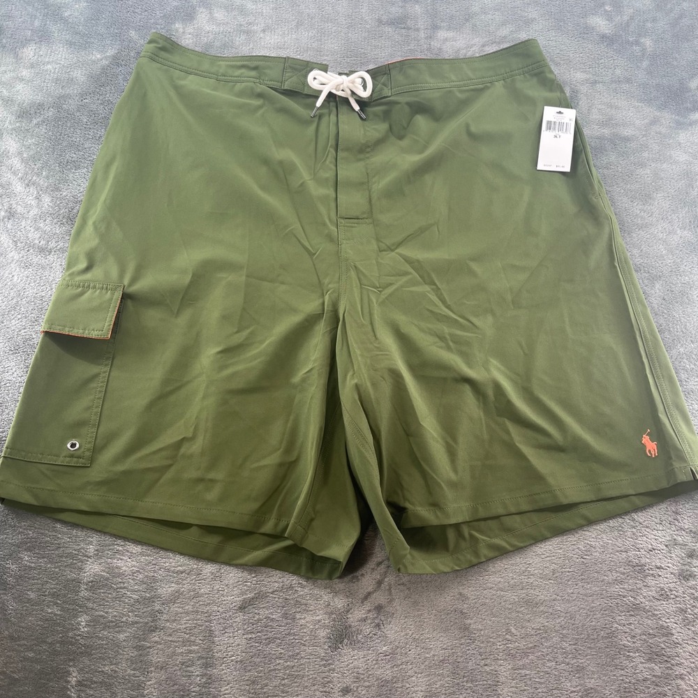 NWT Polo Ralph Lauren Mens Swim Trunks 3XLT Olive Green Orange Pony Cargo Shorts